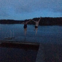 Annika and I jumping off the dock into the lake (aka me freezing to death and running as fast as I can back to sauna)